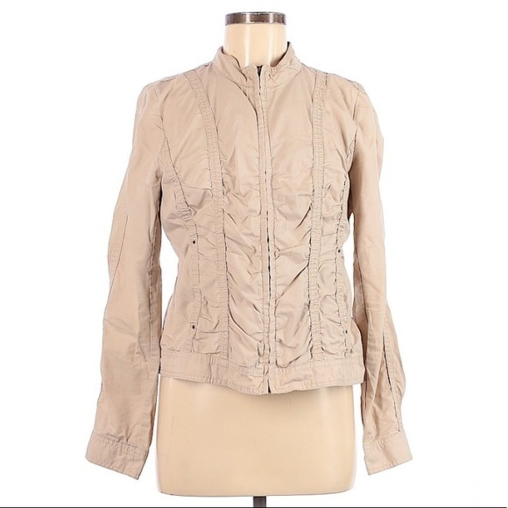 Caslon M khaki tan brown ruched‎ center zipper 100% cotton light weight jacket